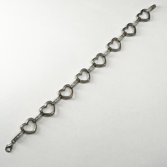 925 Sterling Silver Open Heart Charm and CZ Accented Bar Station Chain Bracelet - Picture 8 of 10